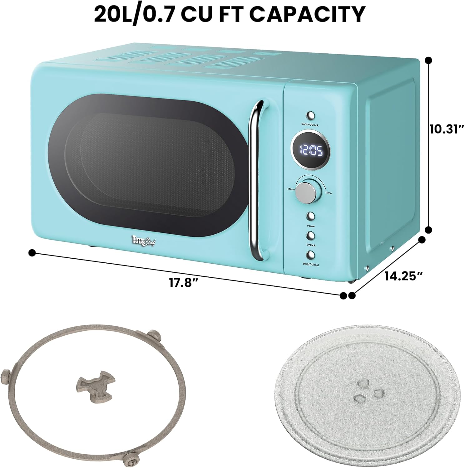 Total Chef Retro Microwave Oven | 20L / 0.7 Cu Ft | Quick Start & Defrost By Weight/Time | 8 Pre-set Cooking Modes For Coffee, Rice, Pasta, Potato, Reheat, Fish, Pizza, Popcorn | 700W | Blue