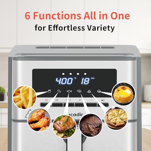 Air Fryer 10 Quart, Large Air Fryer for Families, 6 Cooking Functions AirFryer, 400°F Temp Controls in 5° Increments, Ceramic Coated Nonstick Basket and Crisper Plate, Dishwasher-Safe, 1700W, Grey
