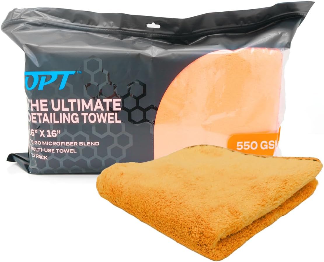 Optimum The Ultimate Detailing Towel – Microfiber Car Detailing Towel, 550 GSM, 16” x 16”, 70/30 Blend – 12 Pack, Orange