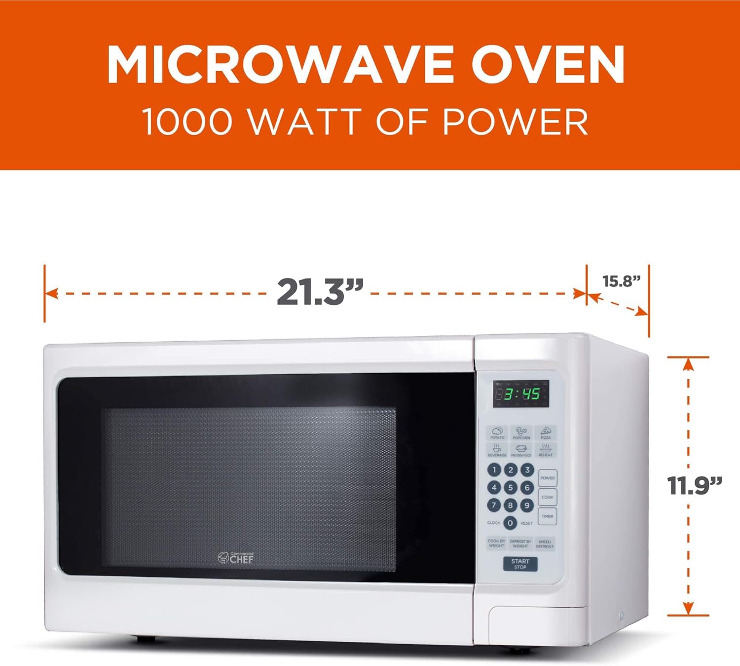 Commercial Chef Countertop Microwave, 1.1 Cubic feet, White & BLACK+DECKER 4-Slice Convection Oven, Stainless Steel, Curved Interior fits a 9 inch Pizza, TO1313SBD