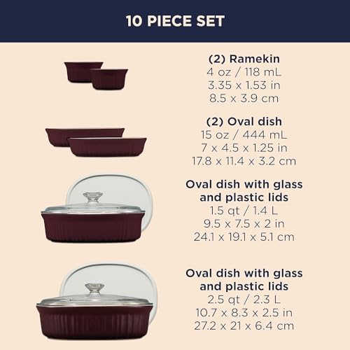 CorningWare Ceramic Bakeware Set with Lids Chip and Crack Resistant Stoneware Baking Dish, Microwave, Dishwasher, Oven, Freezer and Fridge Safe, 10-Piece French Cabernet