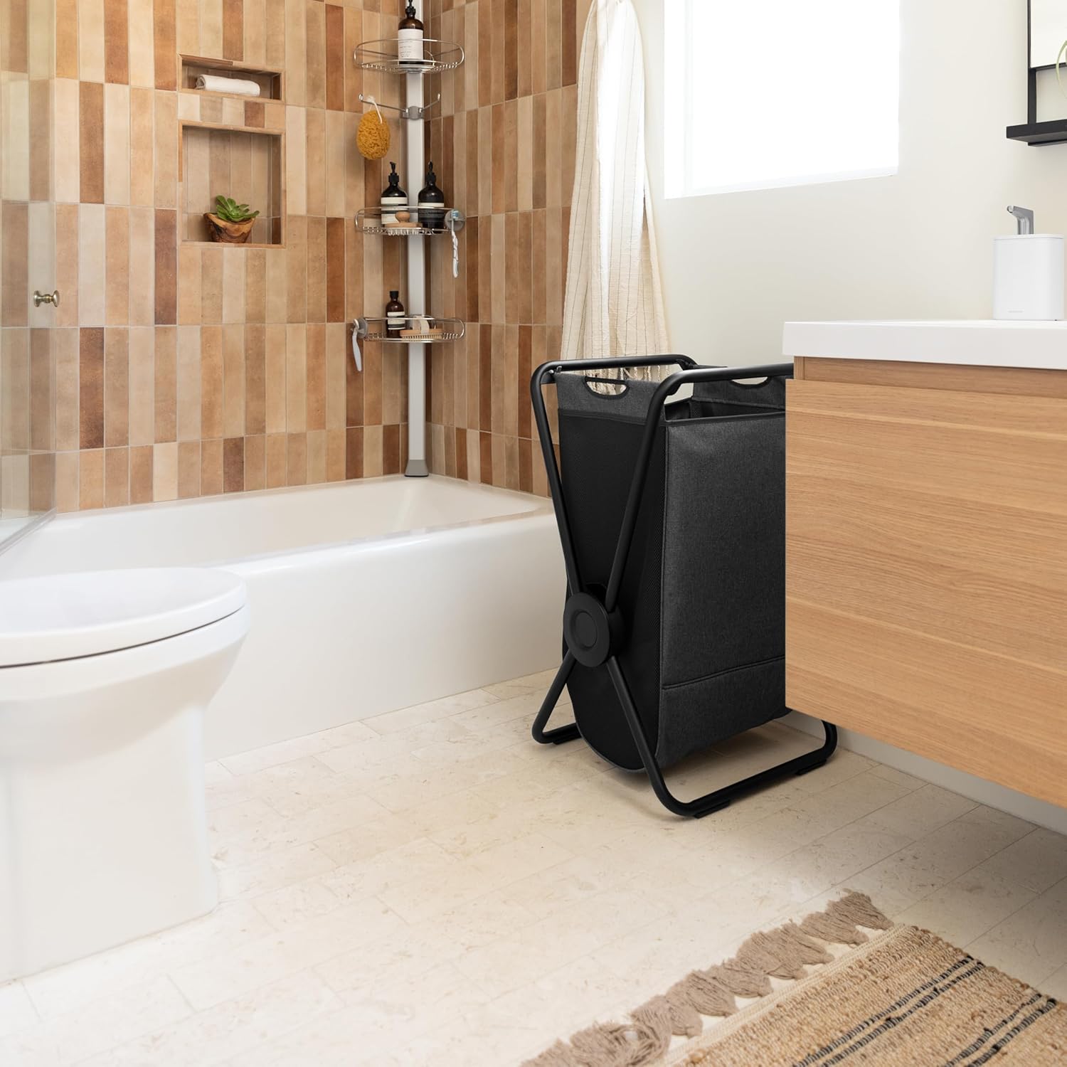 simplehuman single x-frame laundry hamper, 100% recycled polyester removable laundry baskets with easy carry handles, heavy-gauge steel frame, black, 65L