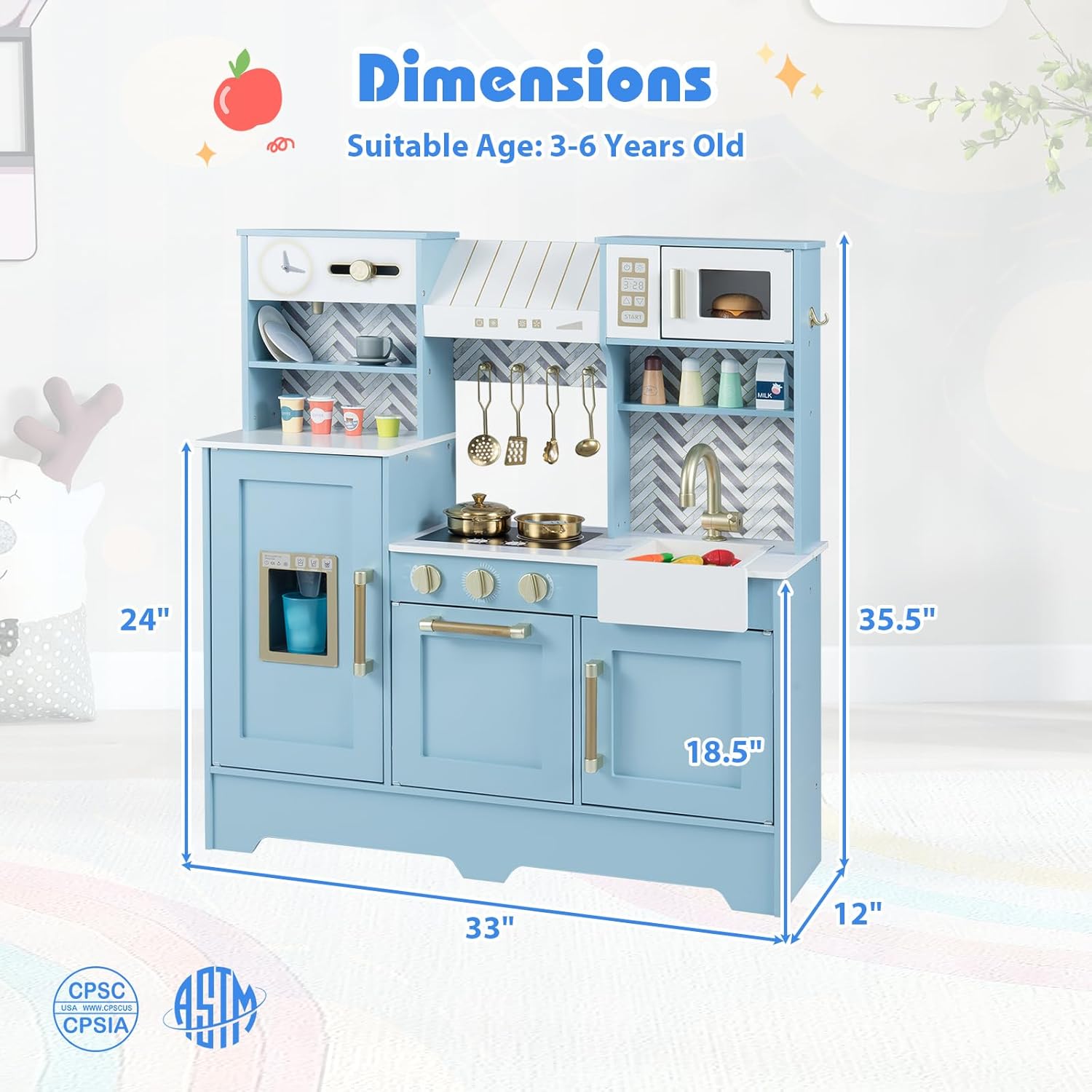 Costzon Kids Kitchen Playset, Toddler Pretend Cooking Playset w/Stoves, Faucet, Sink, Coffee Machine, Range Hood, Microwave Oven & Ice Dispenser, Wooden Chef Play Kitchen for Kids Aged 3+ (Blue)