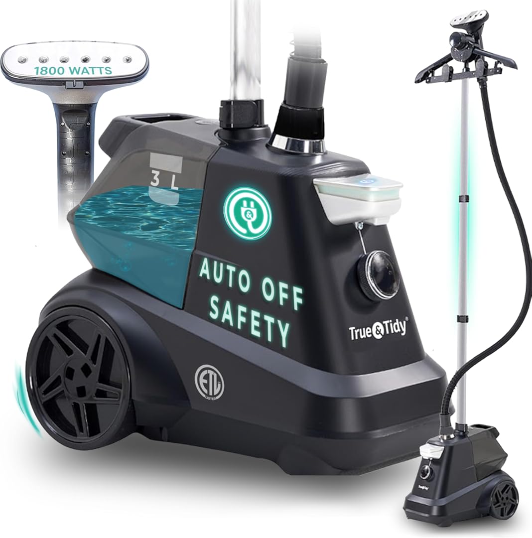 True & Tidy® Auto-Off Safety Heavy-Duty Industrial1800W Garment Steamer with XL 3L Tank, 90+ Min Continuous Steam, Low Water Sensor, 3 Steam Settings, Step-On/Off Control, Wheels for Easy Movement