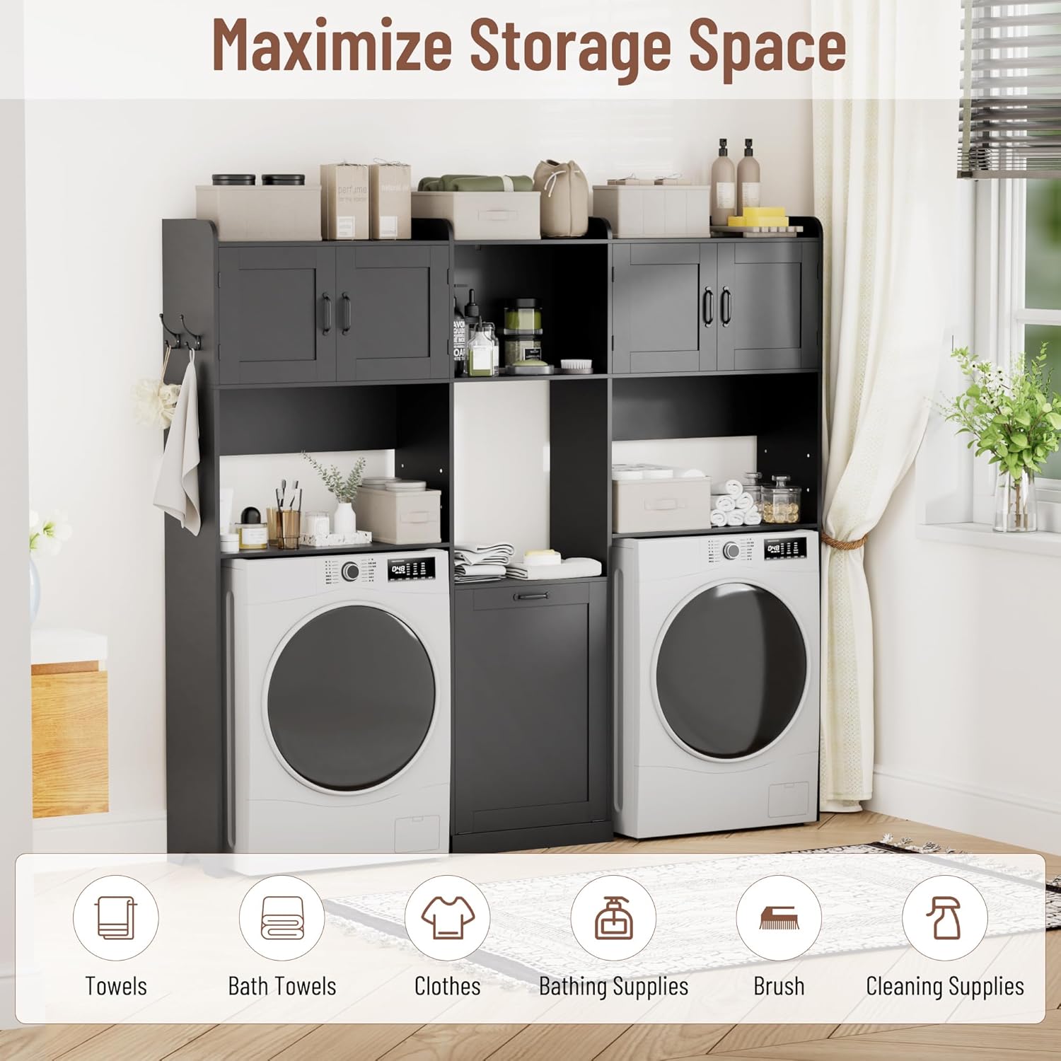 Over The Washer and Dryer Storage Cabinet, Laundry Room Organizer Standing Shelf with Tilt-Out Laundry Hamper Cabinet and Hooks, Space Saving Laundry Room Cabinets