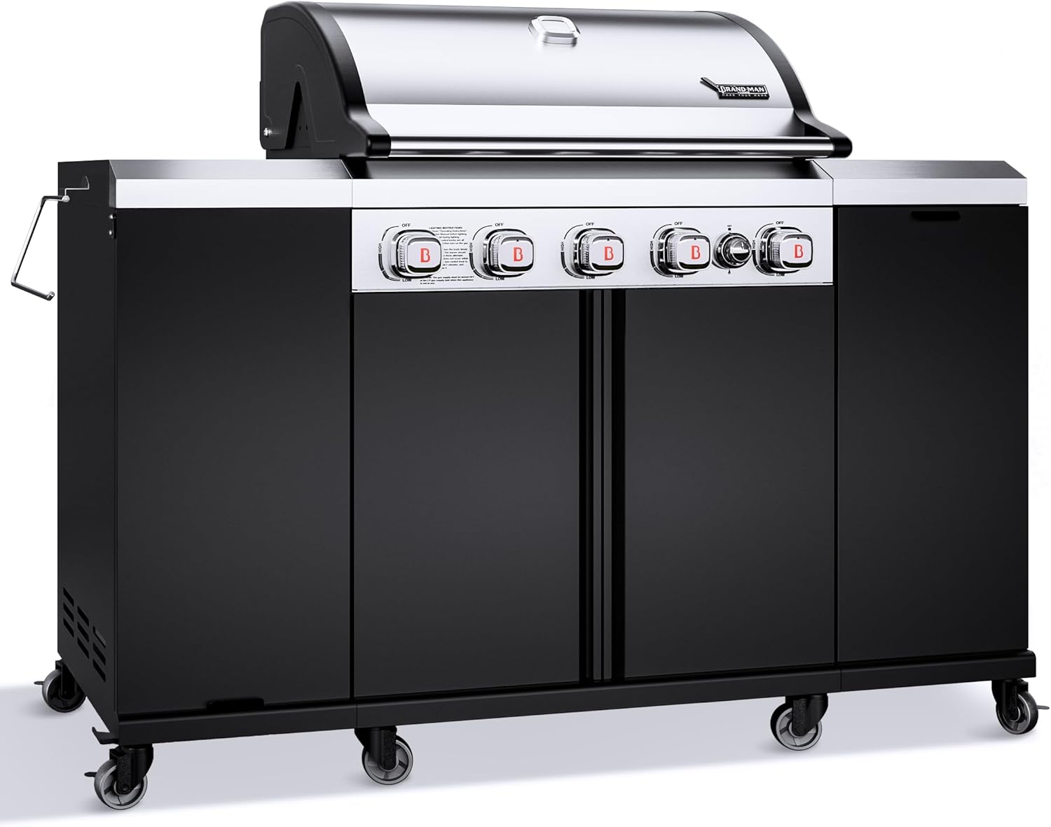 Brand-Man Propane Gas Grill Island Outdoor Kitchen & Storage Cabinets, 52000 BTUs Stainless Steel Burner Patio Cooking BBQ Grill with Side Burner - Natural Gas Convertible, Black (5 Burner)