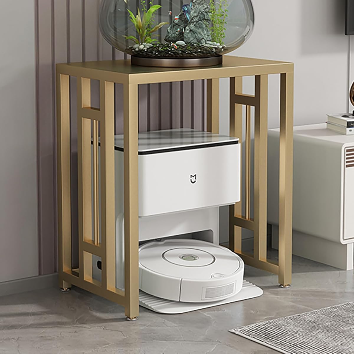 Modern Robot Vacuum Storage Rack, Robotic Vacuum Cleaner Storage Shelf with Non-Slip mats, Mobile Robot Stand Cabinet with Wheels for Living Room, Dining Room(White,50cm)