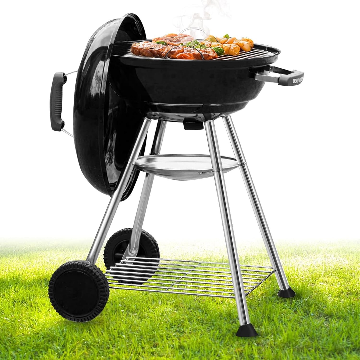 BEAU JARDIN 18 Inch BBQ Charcoal Grill for Outdoor Cooking Portable Smoker Camping Barbecue Coal Kettle Heat Preservation Dual Venting System Heavy Duty with Thickened Wheels for Small Patio Backyard