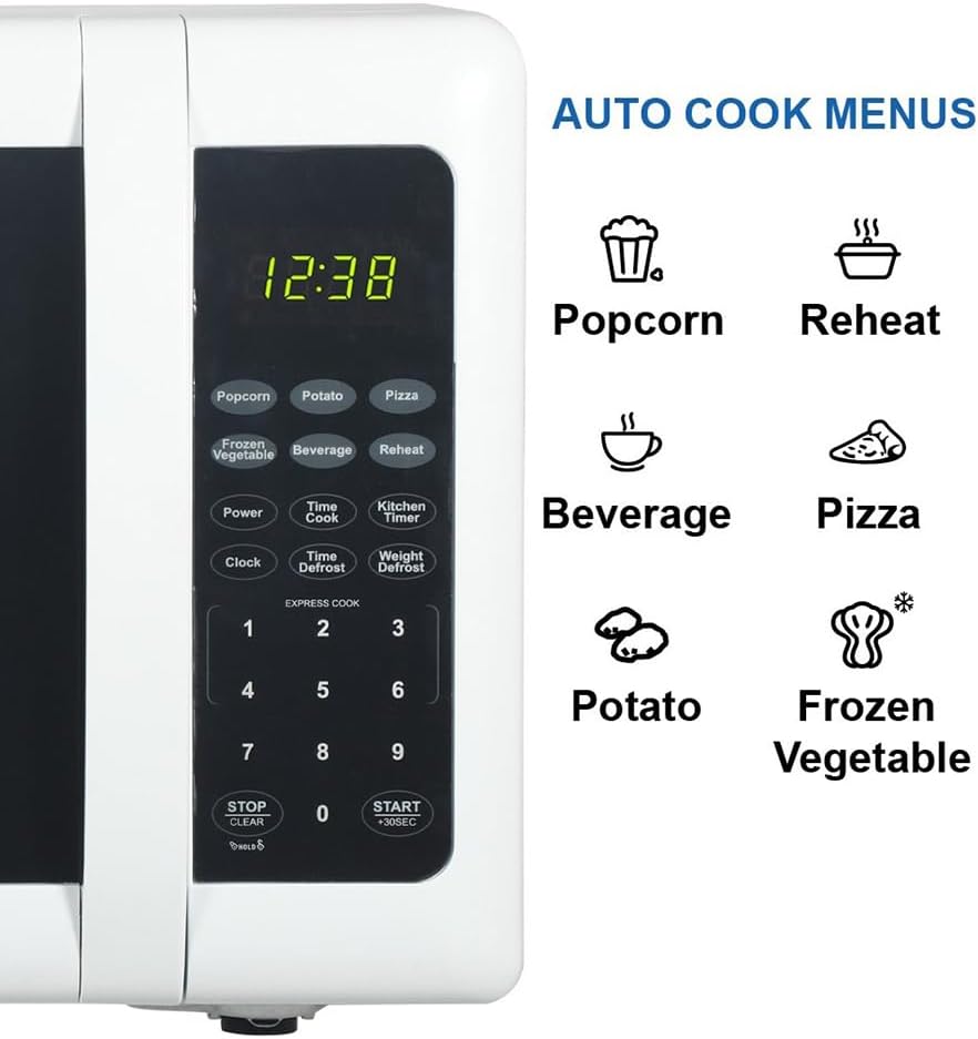 Emerson MW7302W Compact Countertop Microwave Oven with Touch Control, LED Display, 700W, 10 Power Levels, 6 Auto Menus, Glass Turntable and Child Safe Lock, 0.7 Cu., Ft. White