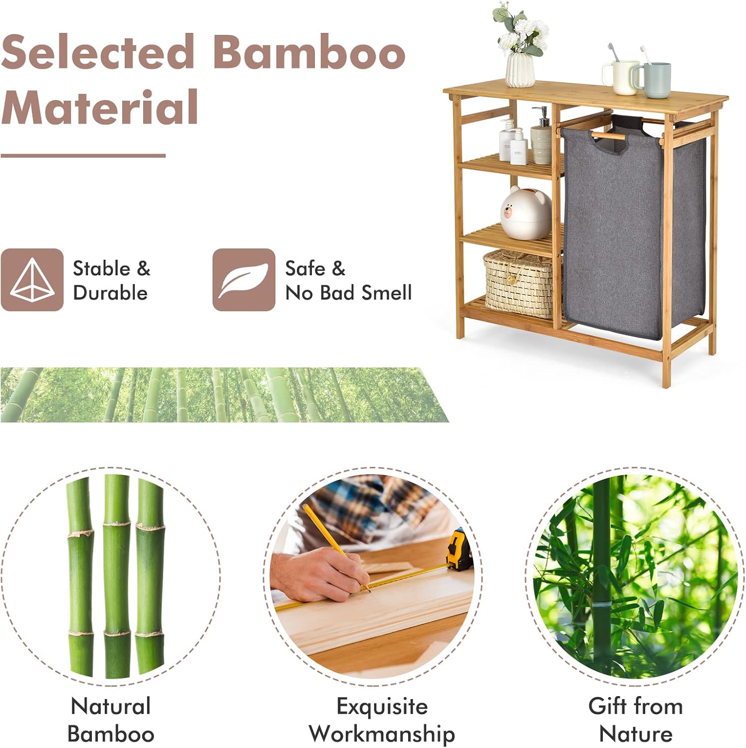 Giantex Bamboo Laundry Hamper Stand, Freestanding Laundry Organizer w/Removable Sliding Bag & 3-Tier Open Shelves, Multipurpose Utility Storage Cabinet for Bathroom, Living Room, Bedroom, Natural