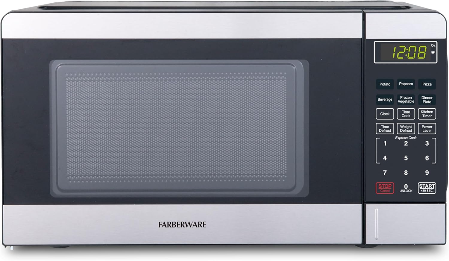 Farberware 0.7 Cu. Ft. Countertop Microwave Oven – 700 Watts Power, Auto Cook Settings, Defrost, Easy Clean and Child Safety Lock - Stainless and Black