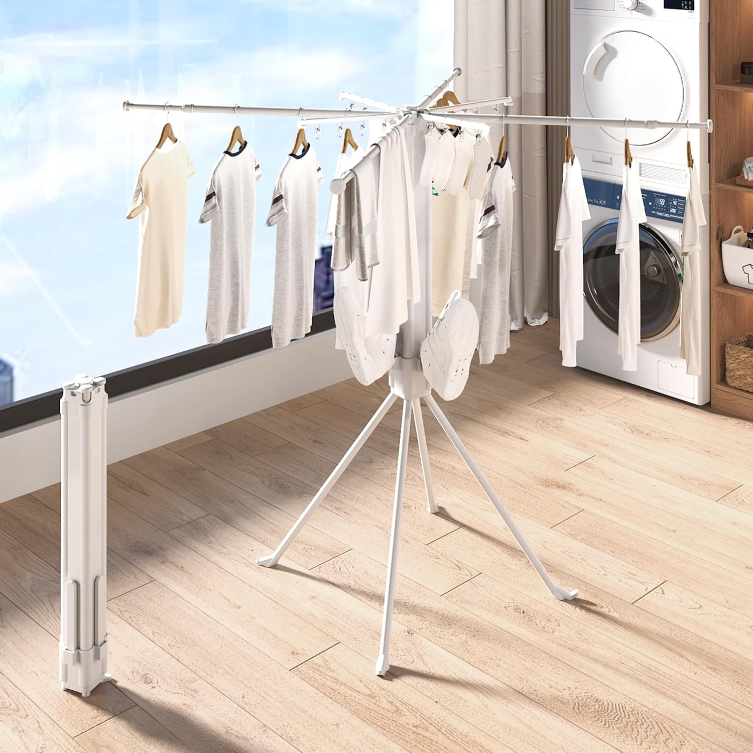 Clothes Drying Rack, Portable Foldable Laundry Drying Rack, Four-Legged Tripod-Style Drying Rack Clothing with Sock Clips & 4 Shoe Holders, Space-Saving Garment Rack for Indoor & Outdoor Use