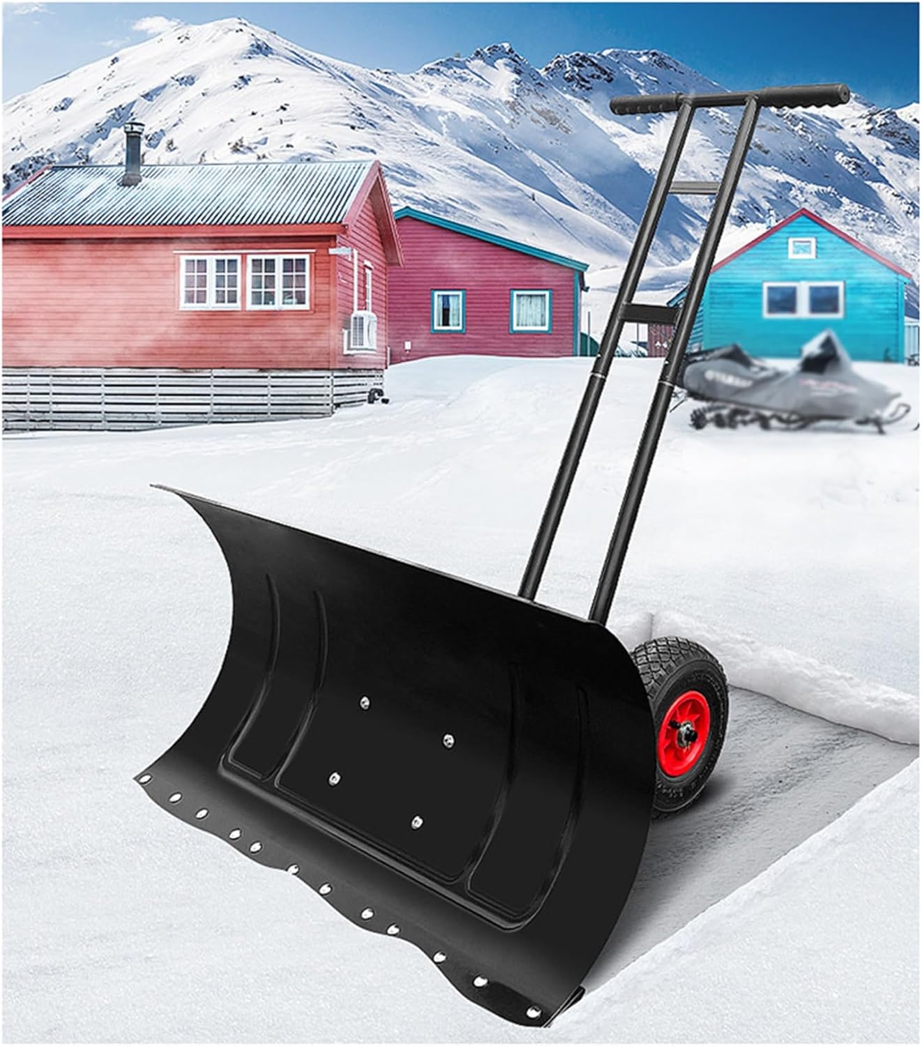 Wheeled Snow Shovel with Adjustable Handle - 29/39 inch Wide Snow Pusher for Easy Effortless Snow Removal(100x43cm)