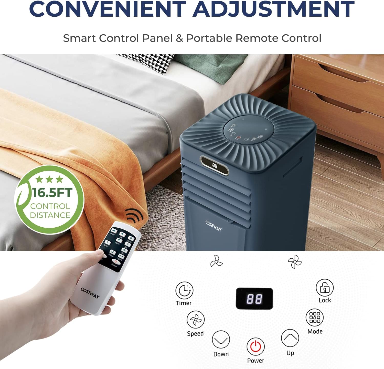 COSTWAY Portable Air Conditioner, 10000BTU Air Cooler with Drying/Fan/Sleep Mode, 2 Speeds, 24H Timer, for Home & Office, Cools Room up to 350 Sq. ft, Window Kit Included (10000 BTU, Dark Blue)