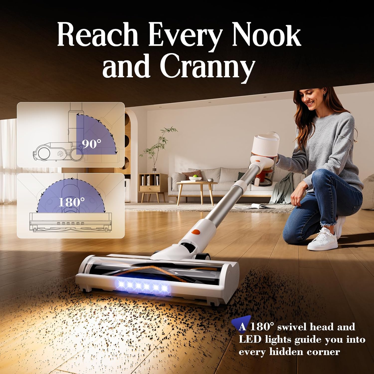 Cordless Vacuum Cleaner, Stick Vac with LED Touch Screen, 45KPA Powerful Suction, Up to 60 Mins Runtime, 7-Stage HEPA Filter, V-shaped Anti-Tangle Brush, Lightweight for Carpet, Hard Floor, Pet Hair
