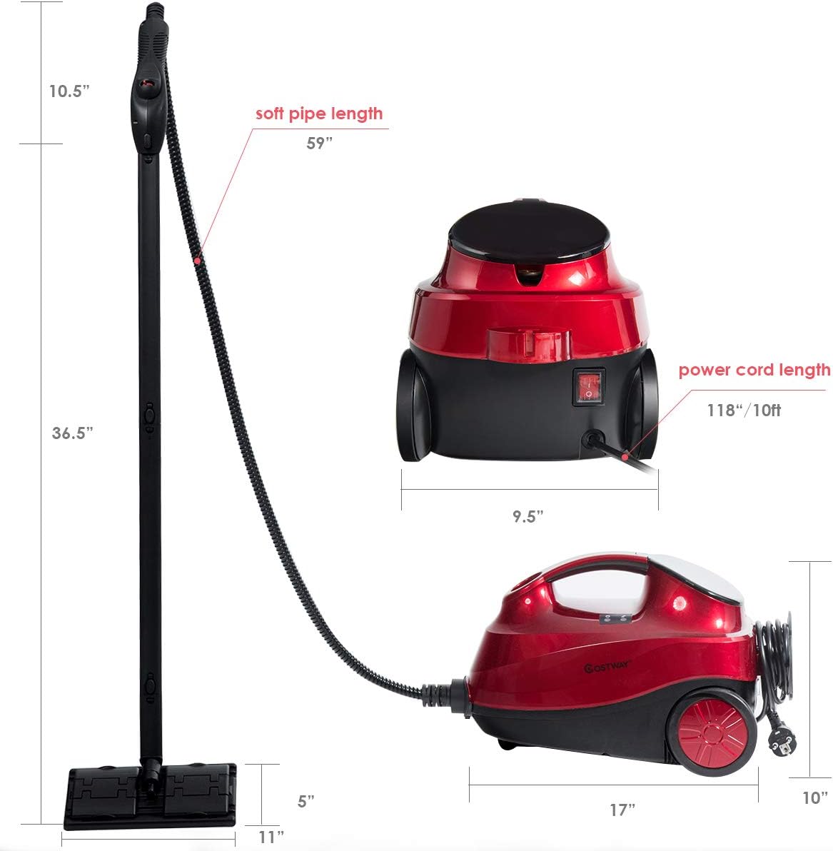 Moccha 2000W Steam Cleaner w/ 19 Accessories, 2000 W Household Steamer w/ 1.5L Tank for Chemical-Free Cleaning, Heavy Duty Household Cleaning Machine for Floors, Windows, Cars (Red)