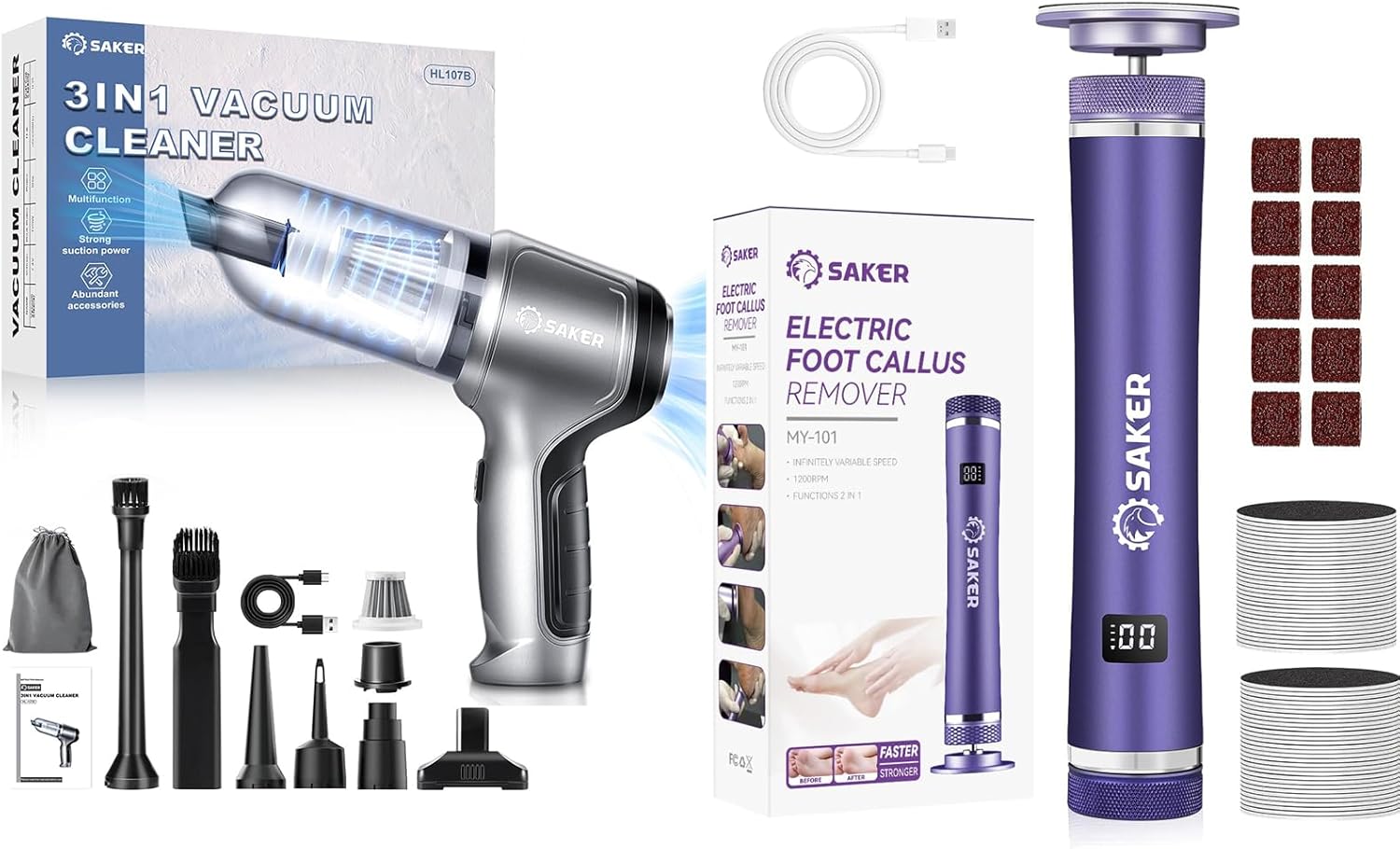 Saker Car Vacuum Portable Cordless 3 in 1 Handheld Car Vacuum 15000PA Electric Foot Callus Remover