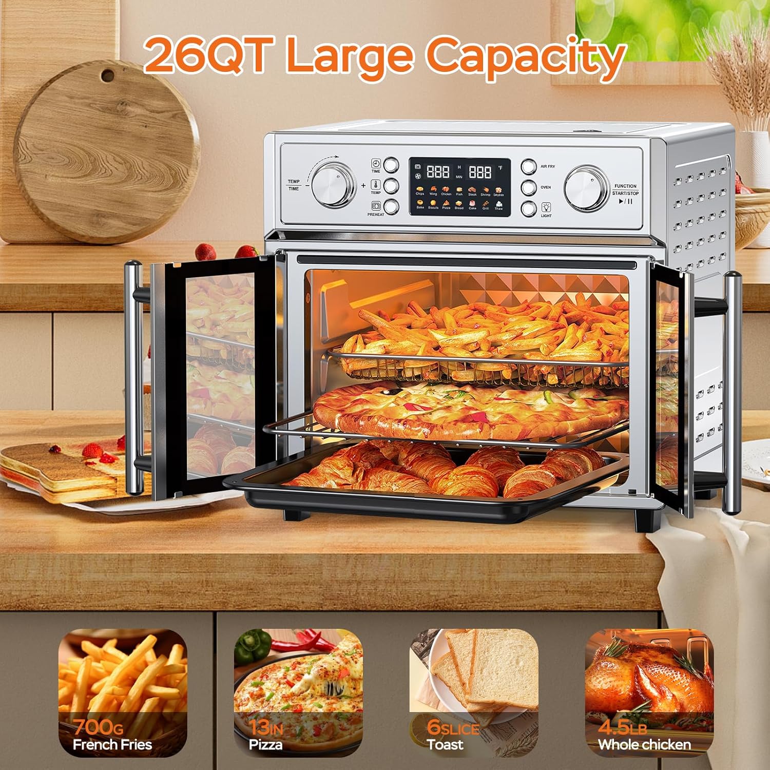 26QT Air Fryer Convection Oven Toaster Oven Combo, 7-in-1 French Door Countertop Oven with 14 Presets, Large Capacity Smart Oven for Baking Roasting Dehydrating and Air Frying Stainless Steel