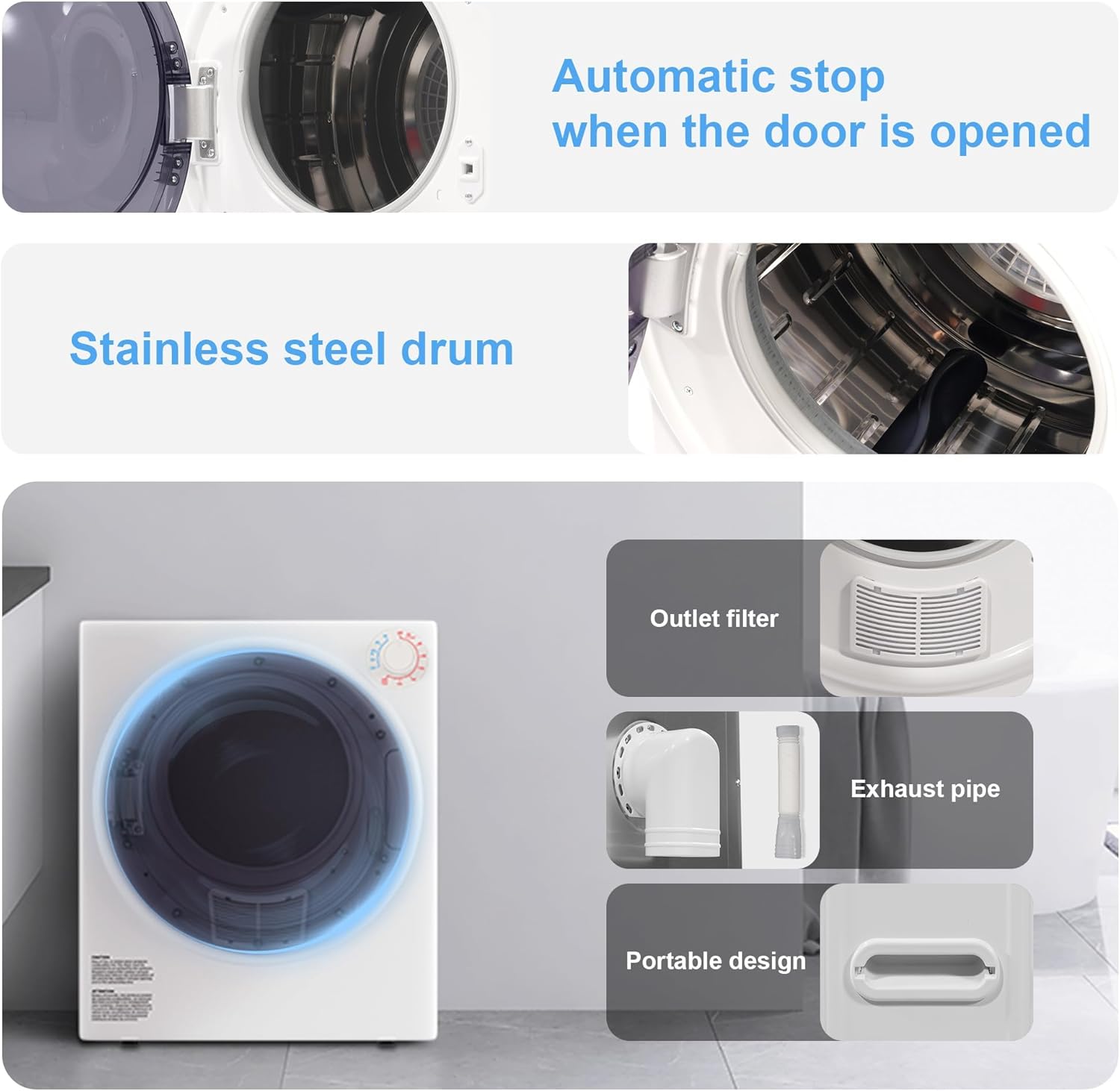 Elevon 800W Portable Clothes Dryer 2.6 cu.ft Electric Drying Machine for Laundry with Stainless Steel Tub for Apartment, Rvs, Dorms, Compact Dryer for Small Space, White