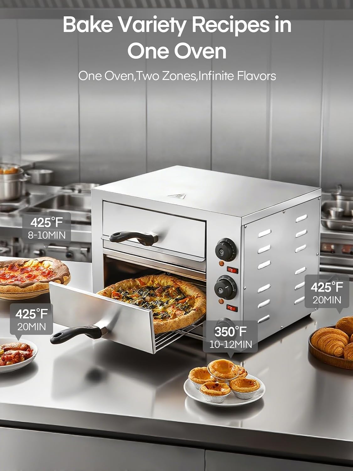 12 Inch Commercial Pizza Oven, Countertop Pizza Ovens with 662°F Max Temp, 2-Layer Electric Pizza Cooker with Alert Timer, 2200W Stainless Steel Pizza-Maker Machine, for Restaurant,Home, Party