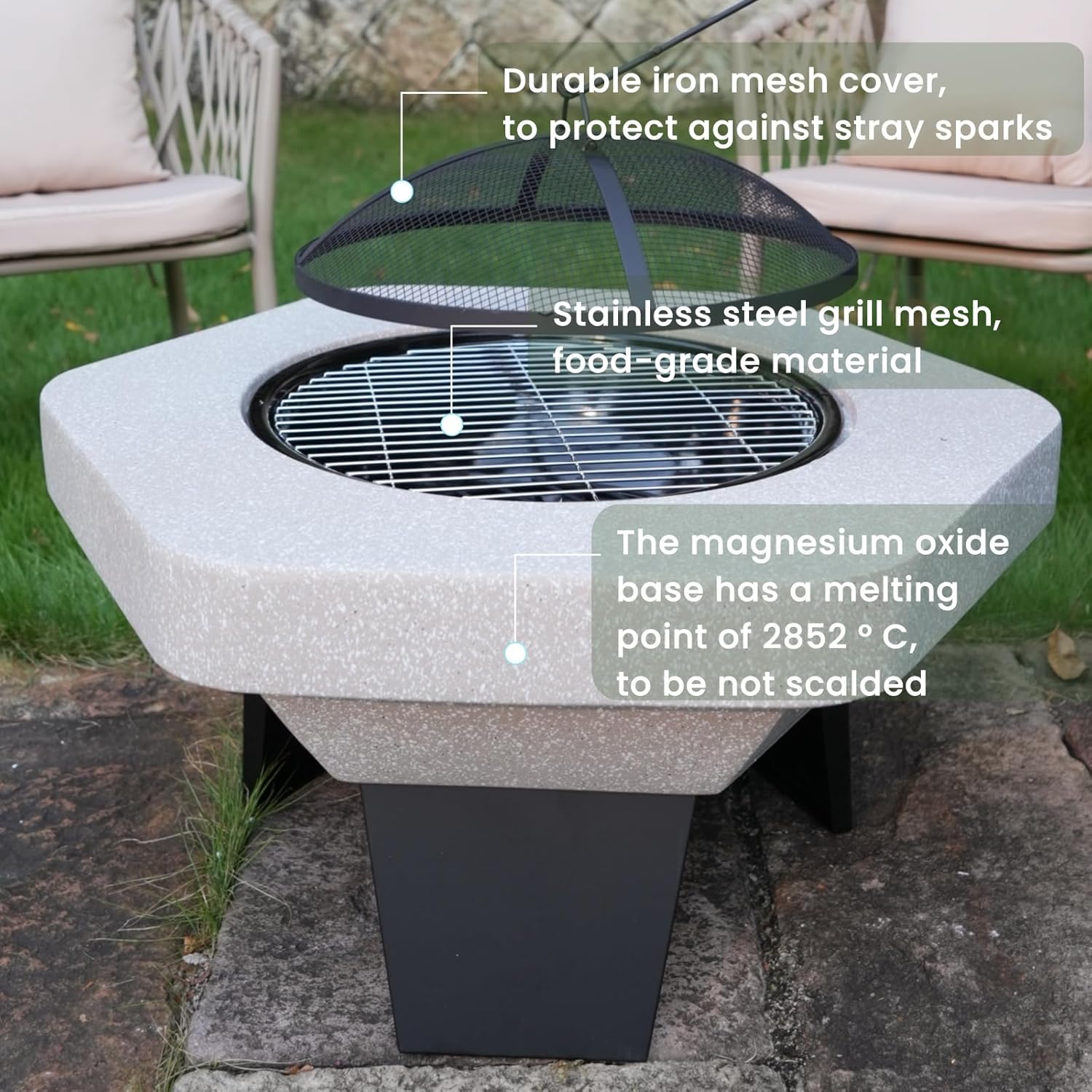 Wood Burning Concrete Outdoor Fire Pit,Heat Resistant MGO Ceramic Material Base with BBQ Grill Firepit for Patio Garden,Backyard Barbecue,Outdoor Gatherings (Grey 2)