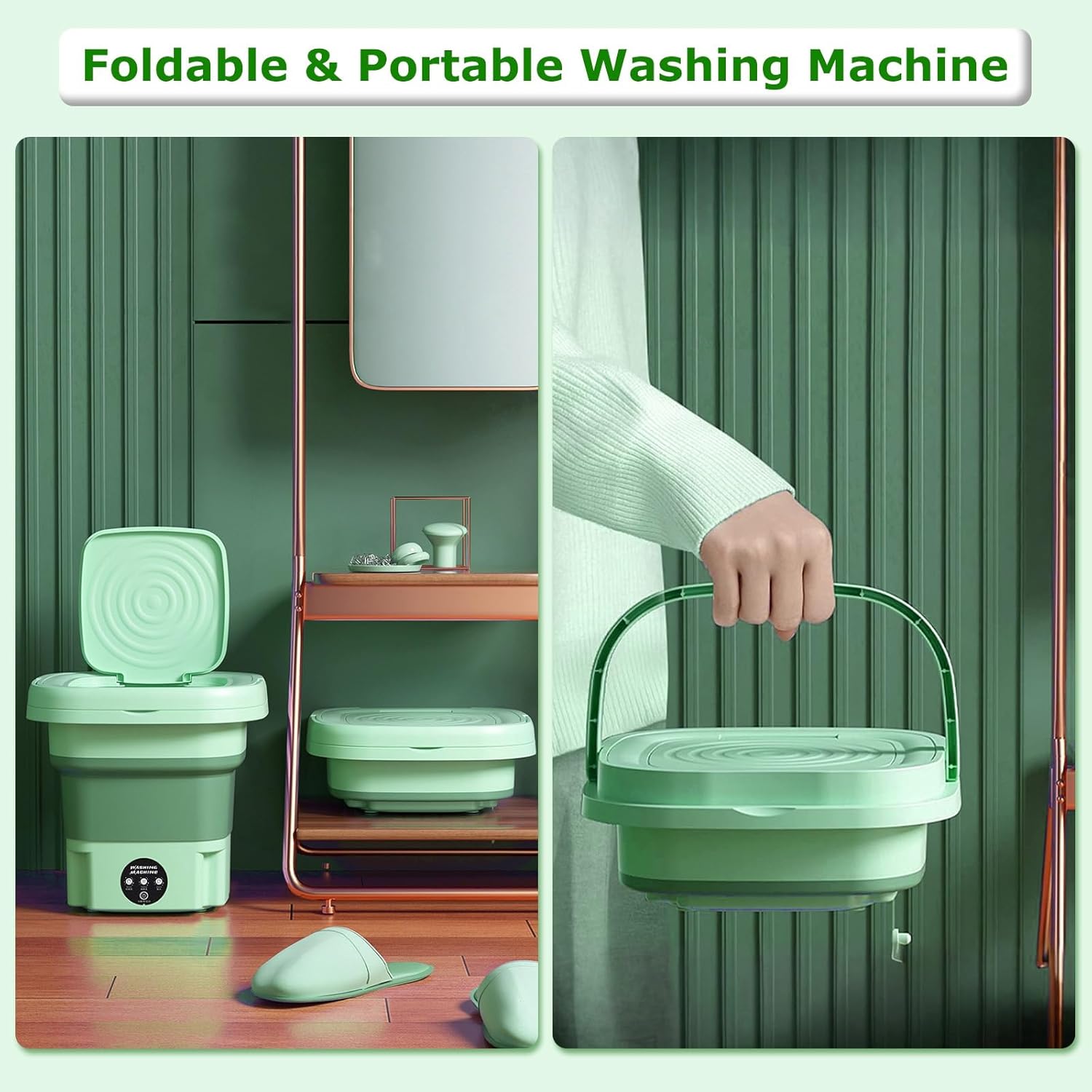 Portable Washing Machine, Foldable Mini Washing Machine with 3 Modes Deep Cleaning of Underwear, Small Clothes and Socks, Small Collapsible Laundry Washer for Apartments, Camping, Travel (Green)