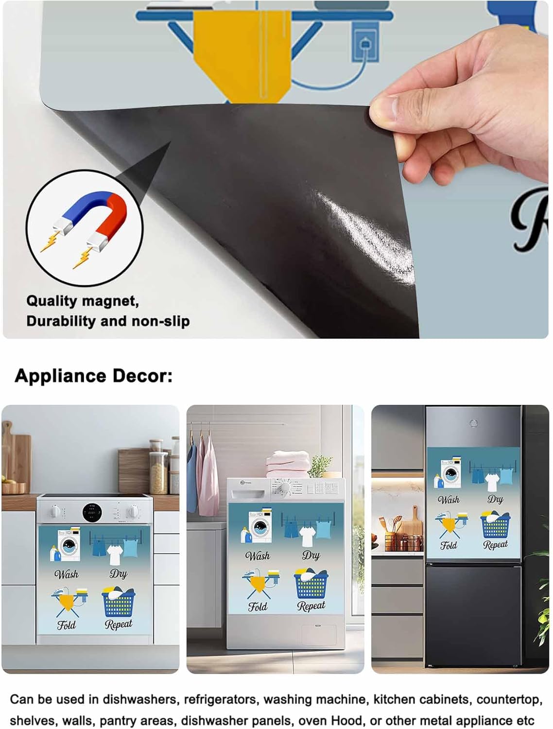 Blue Ombre Laundry Dishwasher Magnet Cover, Wash Dry Fold Repeat Refrigerator Magnets Covers for The Front Door, Reusable Dishwasher Panel Fridge Decal Cover for Home Appliance Decor 23''x26''