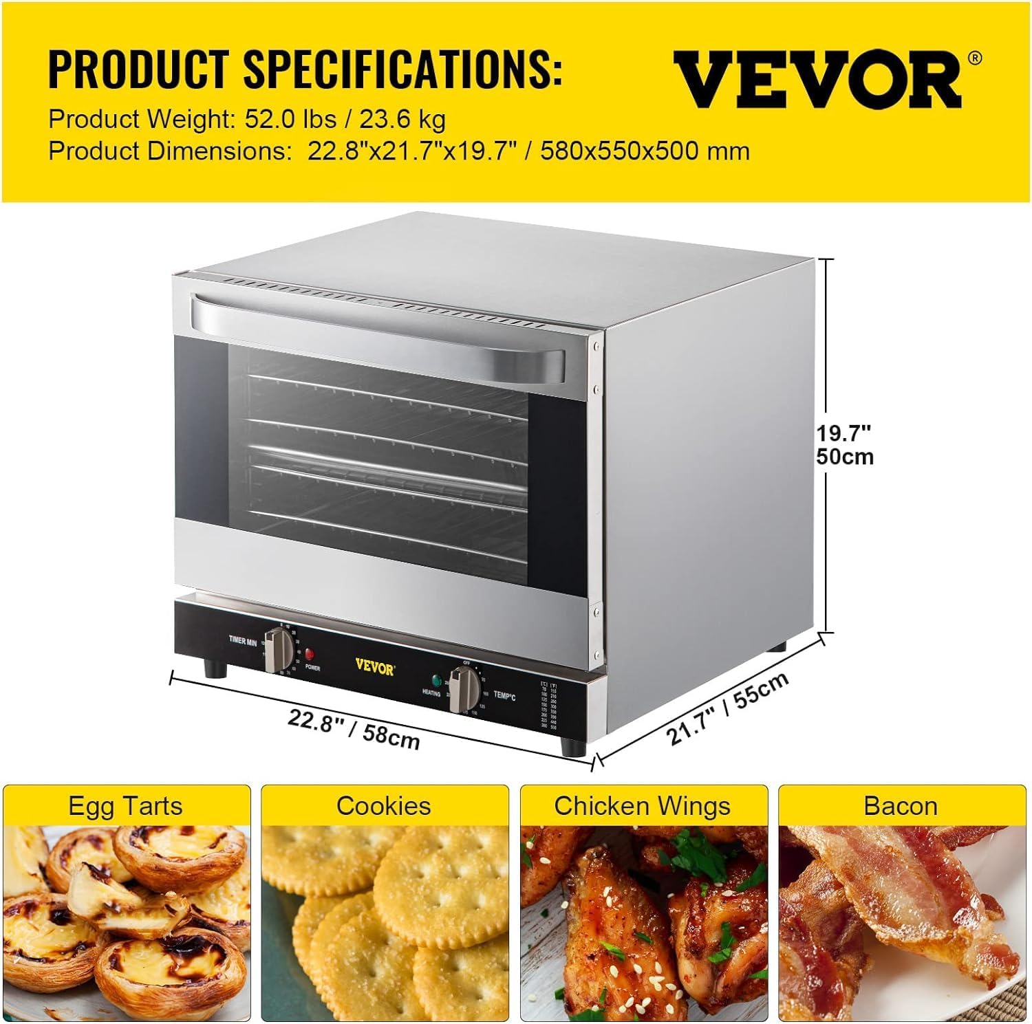 VEVOR Commercial Convection Oven, 66L/60Qt, Half-Size Conventional Oven Countertop, 1800W 4-Tier Toaster w/Front Glass Door, w/Trays Wire Racks Clip Gloves, 120V