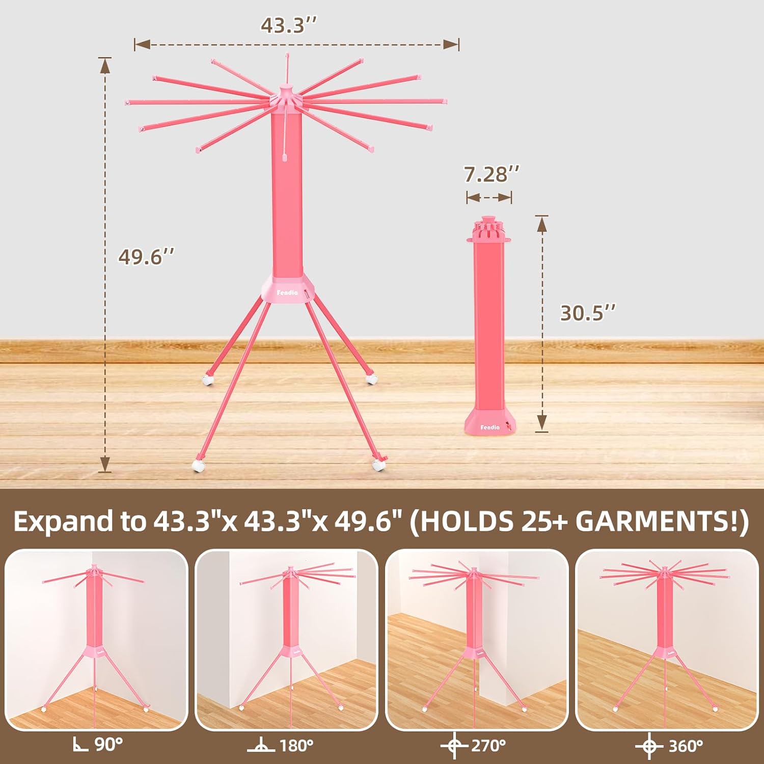 Clothes Drying Rack ​Foldable & ​Collapsible Drying Racks with 4-Leg Octopus Design, Large Capacity ​Space Saving Indoor Drying Rack for Bedroom,Balcony,Laundry for Indoor/Outdoor Use（Pink）