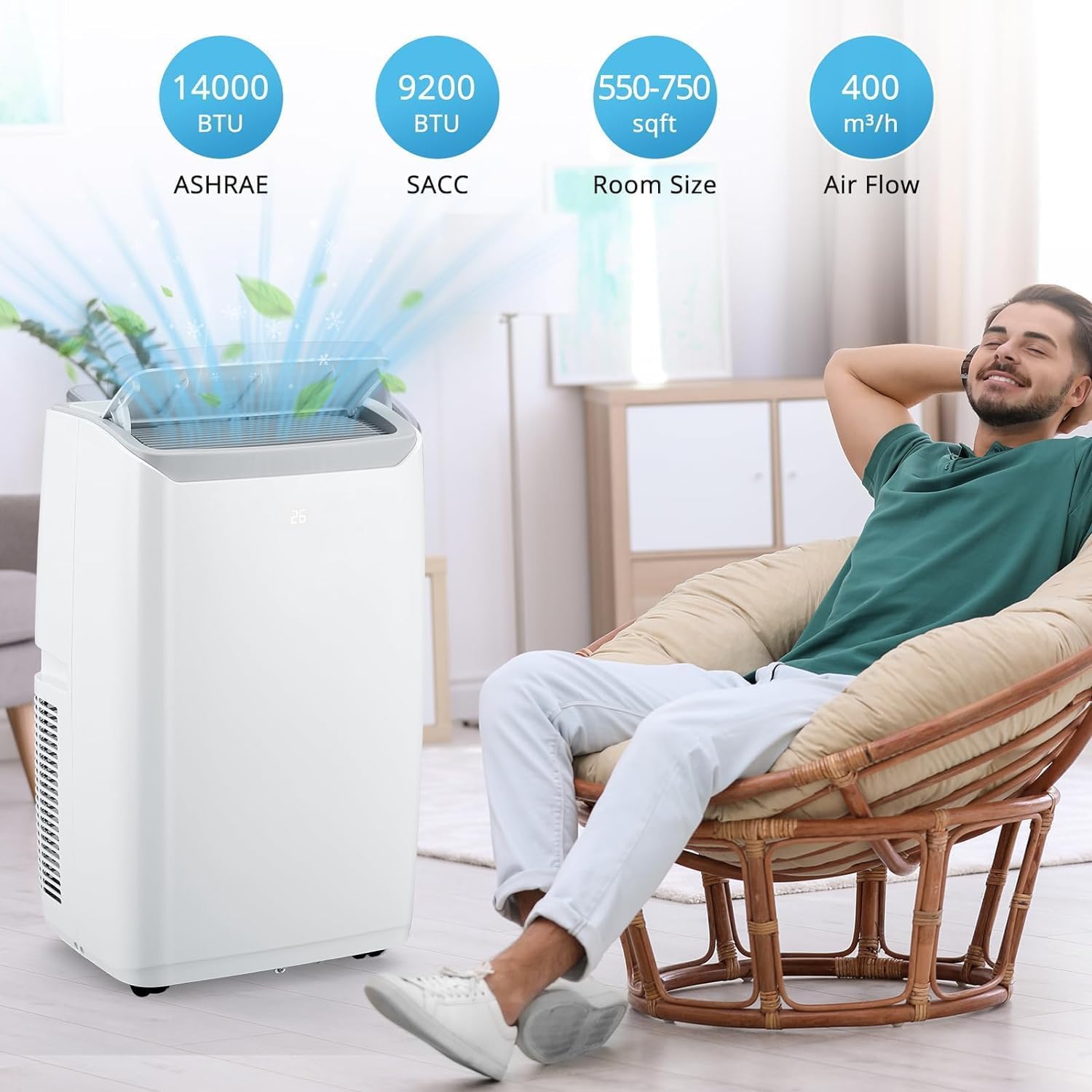 12000 BTU Room Portable Air Conditioner - Powerful & Efficient Cooling with LED Touch Panel & Remote, R32 Eco-Friendly Refrigerant, Quiet AC Operation, Easy Mobility with 4-Directional