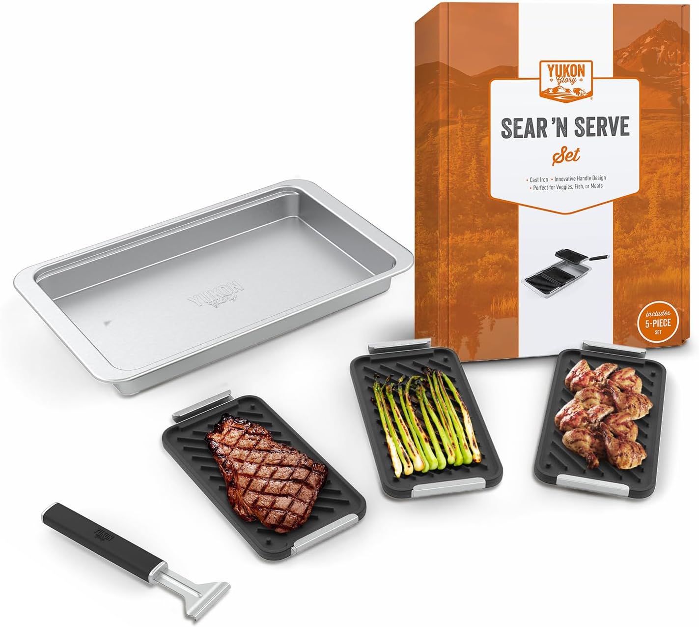 Yukon Glory Sear 'N Serve Cast Iron Grill Pan Set, 3 Cast Iron Grill Baskets with Serving Tray & Clip-On Handle, for Stovetop or Outdoor Grills
