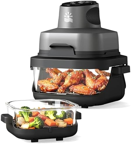 4-in-1 Portable Glass Air Fryer - 1500W, 4.2QT & 1.6QT Dual Glass Containers with Lids, Non-Toxic, 400°F Precise Heat, Max Crisp | Bake | Air Fry | Recrisp, Microwave, Freezer & Dishwasher Safe