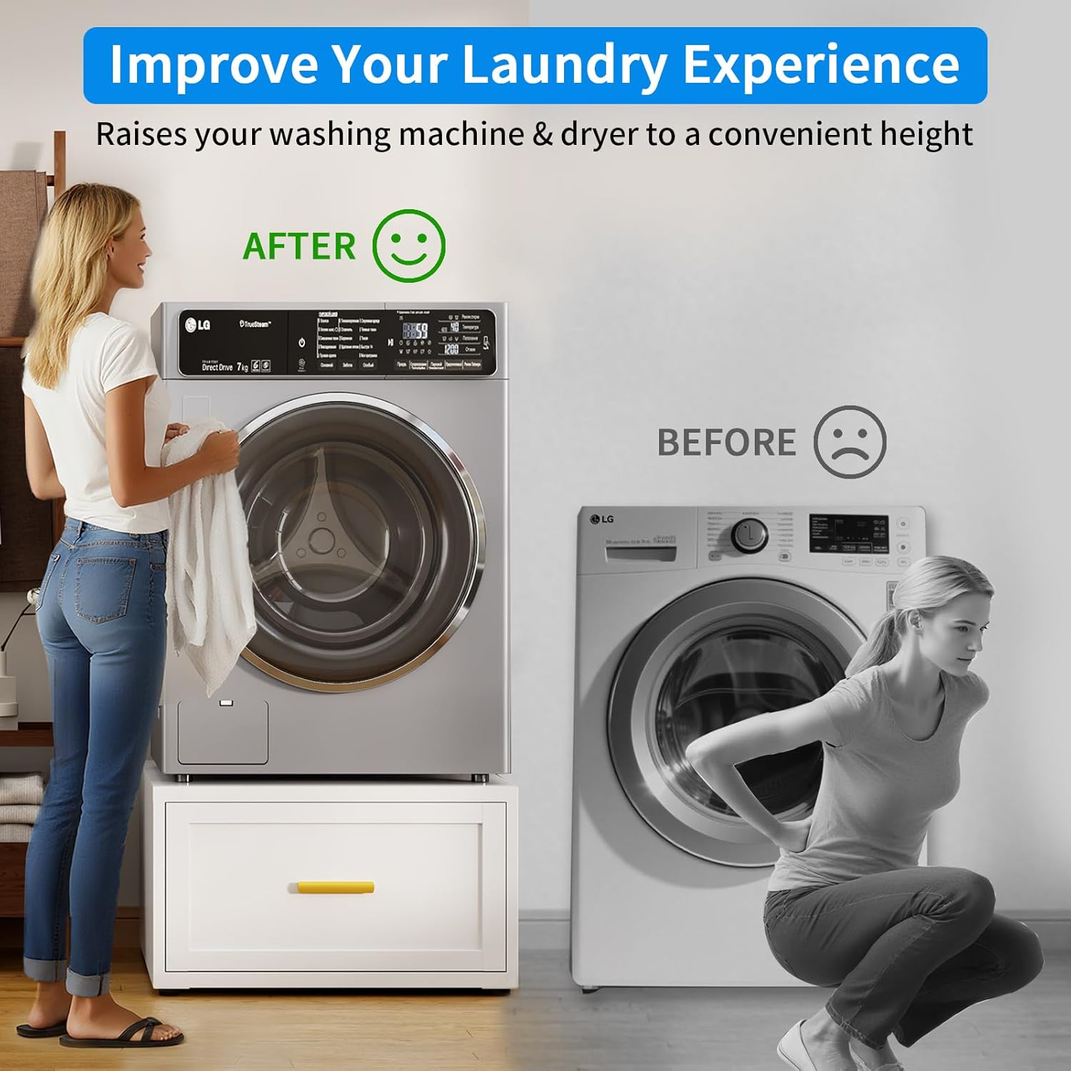 2 Pack Metal Washer and Dryer Pedestal, 28''W Heavy Duty Washing Machine Base Stand with Storage Drawer, Universal Fit Anti-Vibration Laundry Pedestal for Washer and Dryer, 440 LBS Capacity (White)