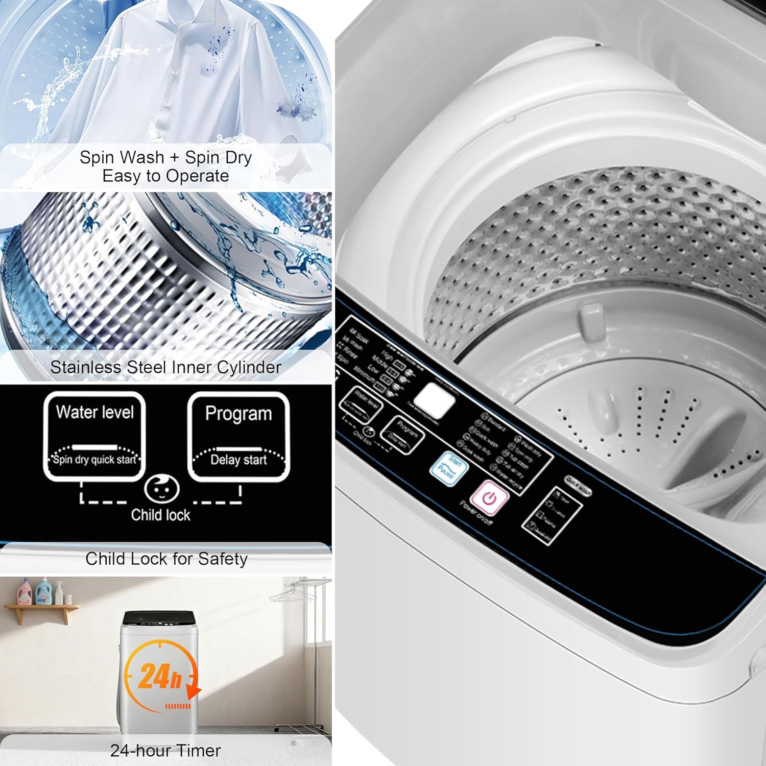 Portable Washing Machine, Full Automatic Portable Washer 17.7lbs Small Washing Machine 10 Wash Programs, 24hr Timer, Drain Hose, Apartment Washer Machines for RV, Dorm, College, Home, Off-White