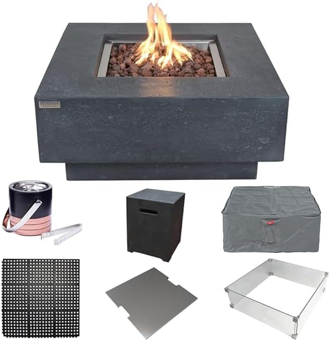 Elementi Manhattan Fire Pit Bundle Outdoor Firepit Set Includes 36” Dark Grey Propane Concrete Firepit Table, Glass Windscreen, Stainless Steel Cover, Canvas Cover, Floor Mat, Ice Bucket