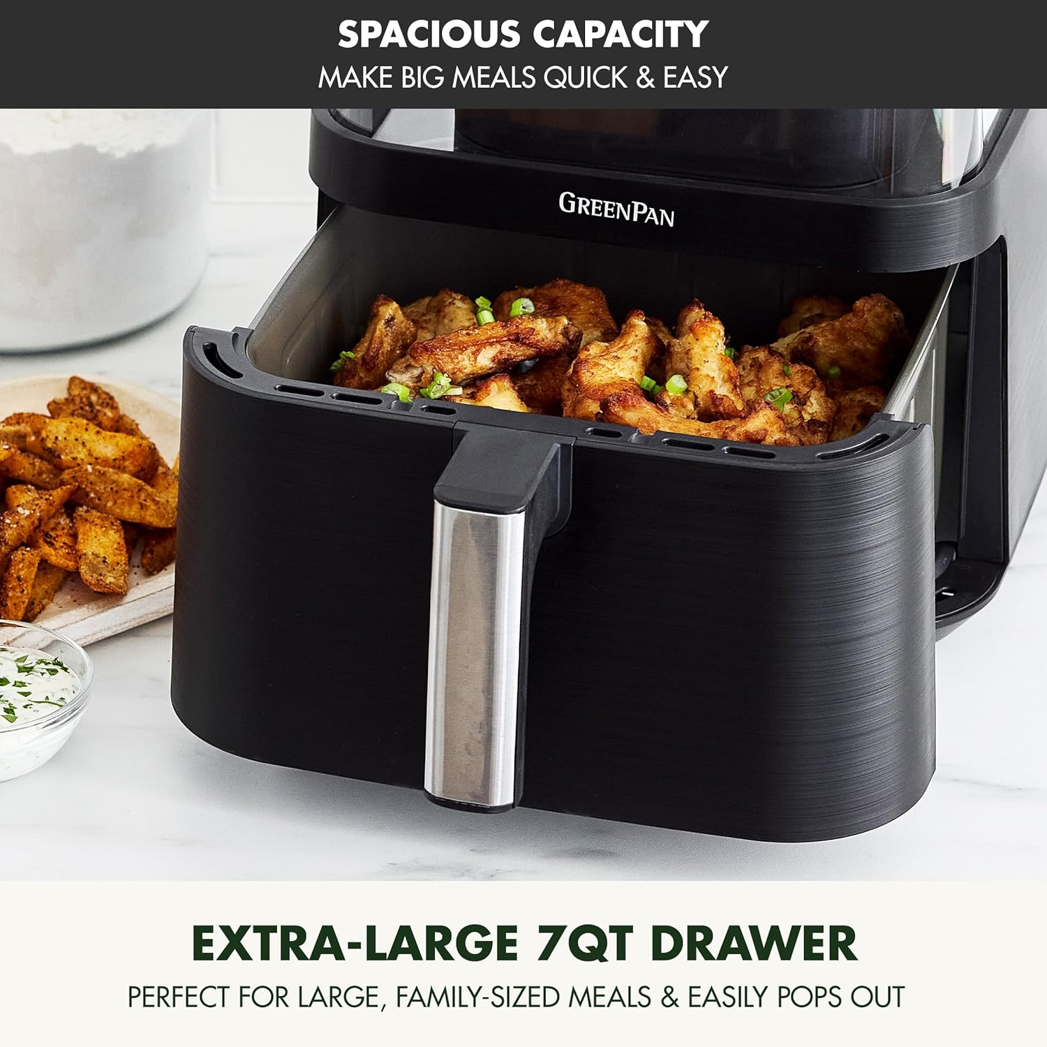 GreenPan Clearview Extra Large 7QT Air Fryer, 360° Clear Window, PFAS-Free Ceramic Nonstick Drawer and Tray, Heat to 400°F, 13-Presets, Shake Reminder, Keep Warm, Delay Start, Dishwasher Safe Parts