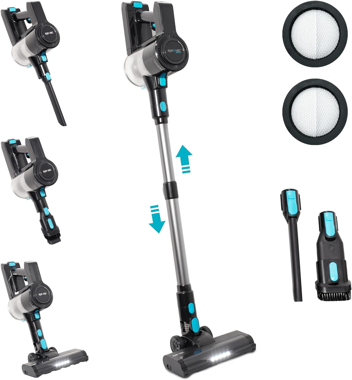EyeVac Reach 6-in-1 Cordless Stick Vacuum, Rechargeable with LED Lights, 35-Min Runtime, Brushless Motor, Powerful Suction, 5-Stage Filtration (Black with Turquoise)