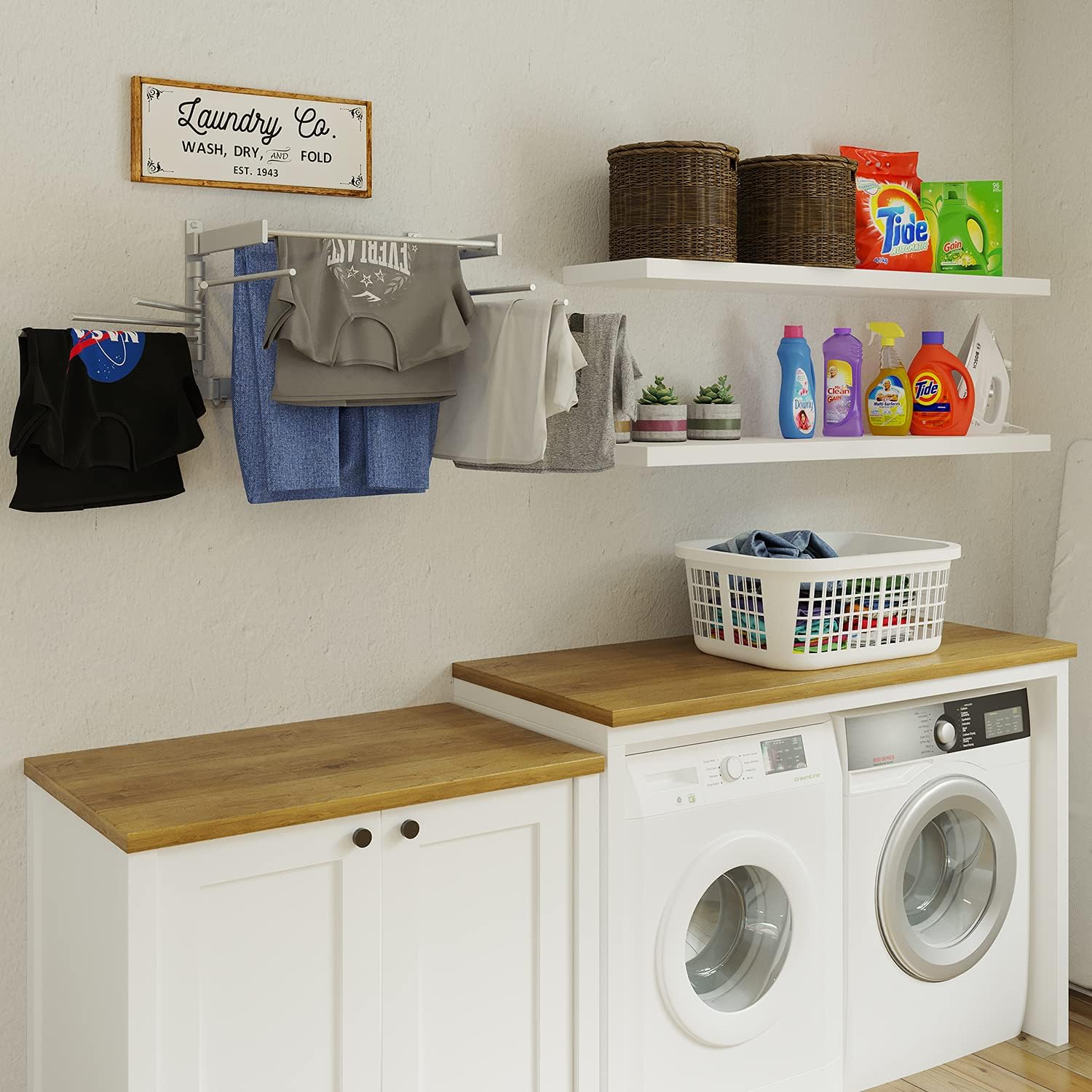 brightmaison BGT Wash Clothes Drying Rack Wall Mount Laundry Room Organizer with Hooks & Swing Arms, 17