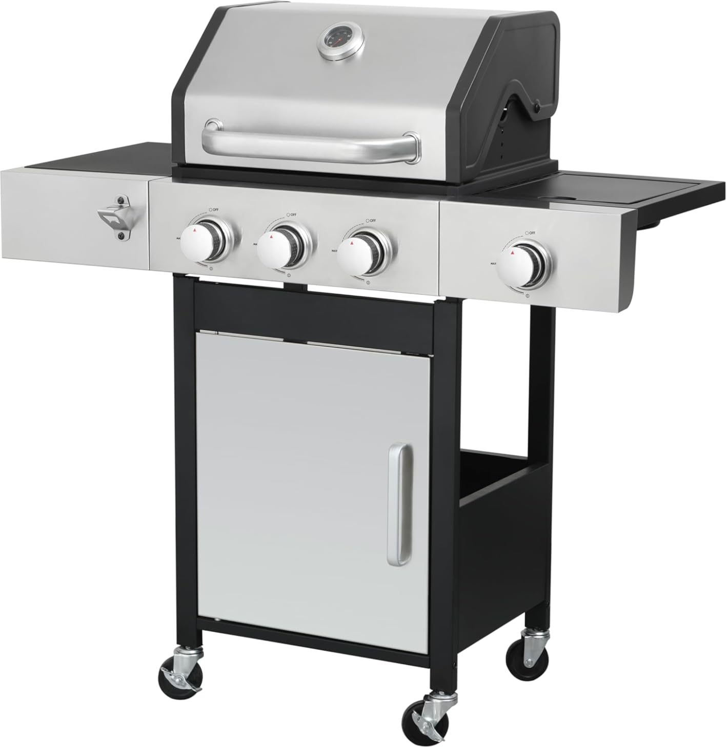 3-Burner Propane Gas BBQ Grill with 9560BTU Side Burner - 37230BTU Total Output, Enameled Cast Iron Grids, Stainless Steel Construction, Lockable Casters & Convenient Hooks for Outdoor Grilling