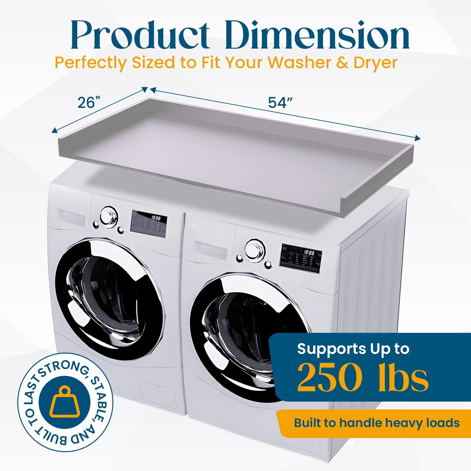 B&B HARDWARE Over Washer and Dryer Countertop - Heavy-Duty Laundry Countertop - Washer Dryer Shelf - Laundry Room Topper - Washing Machine Shelf with Silicone Pegs - Light Gray, 26 x 54