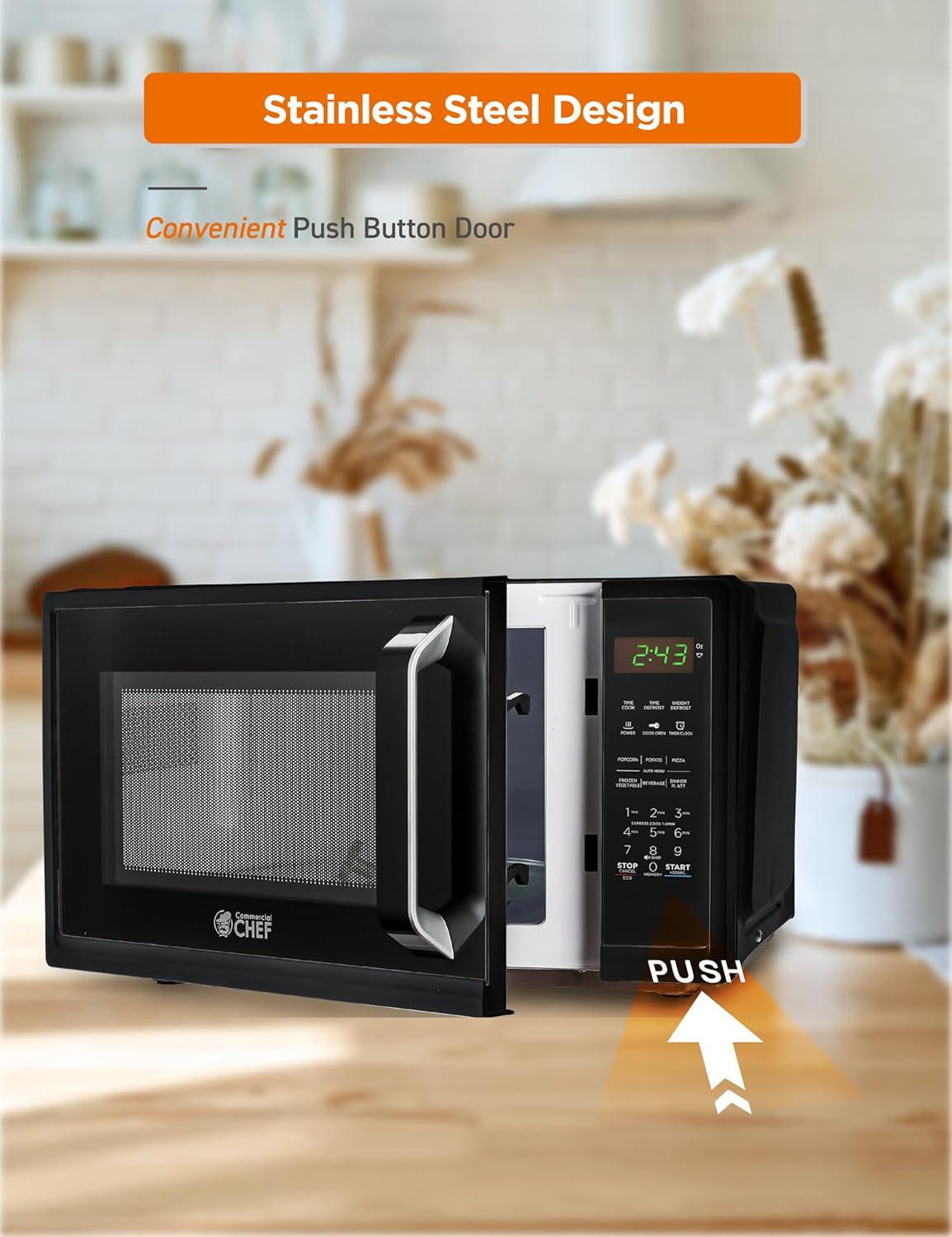 COMMERCIAL CHEF 0.9 Cubic Foot Microwave with 10 Power Levels, Small Microwave with Grip Handle, 900W Countertop Microwave with Digital Display, Door Lock and Kitchen Timer, Black