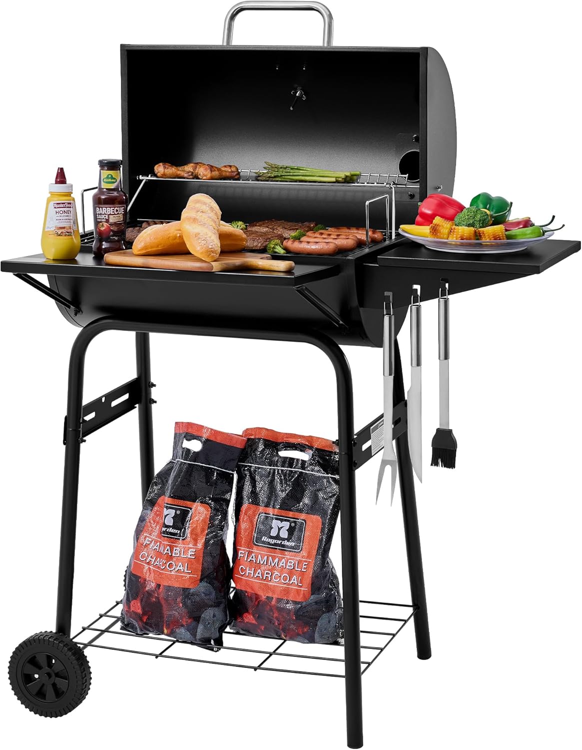 Royal Gourmet CC1624 Barrel Charcoal Grill, Large Charcoal Grill with Side & Front Shelves, 426 sq. in. Cooking Grid, Sturdy Side Shelf with Hooks, for Outdoor Backyard and Picnics, Black