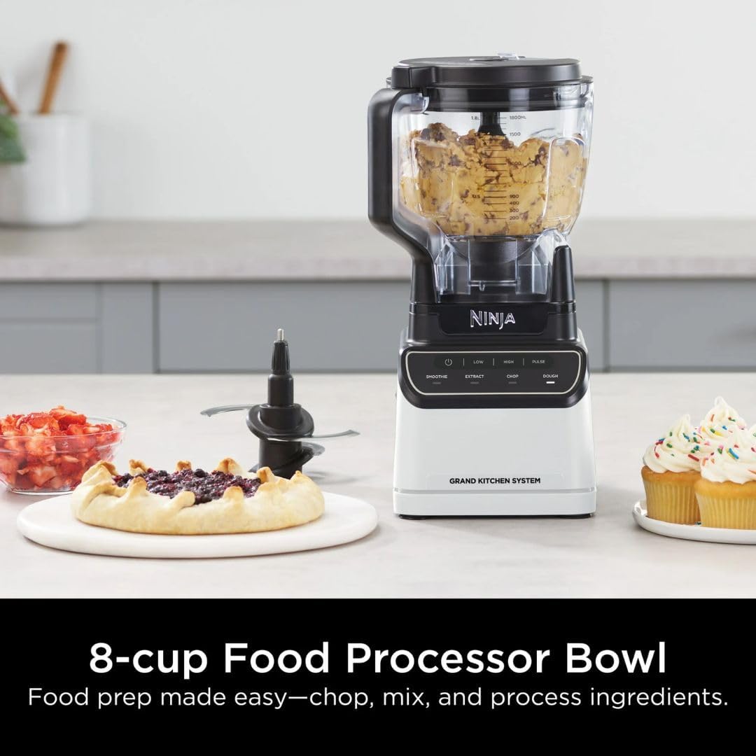 Ninja Grand Kitchen System 1200W Blender with 4 Auto-iQ Presets for Smoothie, Extract, Chop, Dough. 72oz Pitcher, 8-Cup Food Processor, Single-Serve Cup, Total Crushing & Pro Extractor Blades (White)