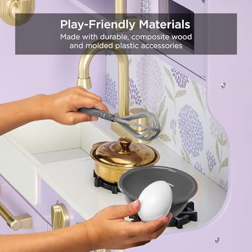Best Choice Products Pretend Play Kitchen Wooden Toy Set for Kids w/Realistic Design, Telephone, Utensils, Oven, Microwave, Sink - Lavender