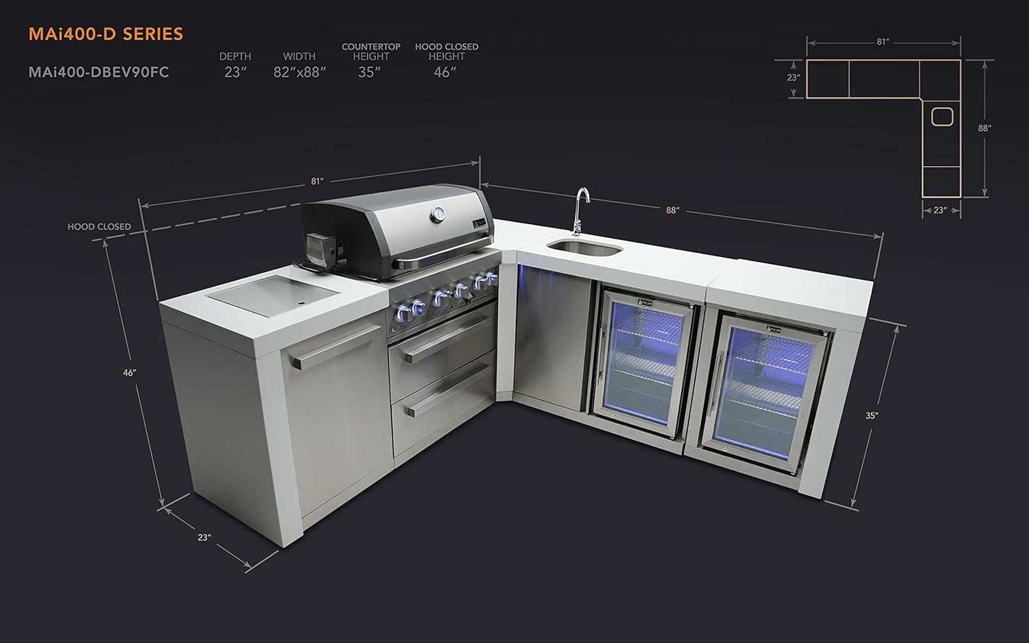 Mont Alpi MAi400-D90BEVFC 32-Inch 4-Burner 78000 BTU 90 Degree Deluxe Island Outdoor Kitchen Bar Gas Island Grill w/Wine Cooler Beverage Center Refrigerator + Granite Countertops + Faucet & Sink