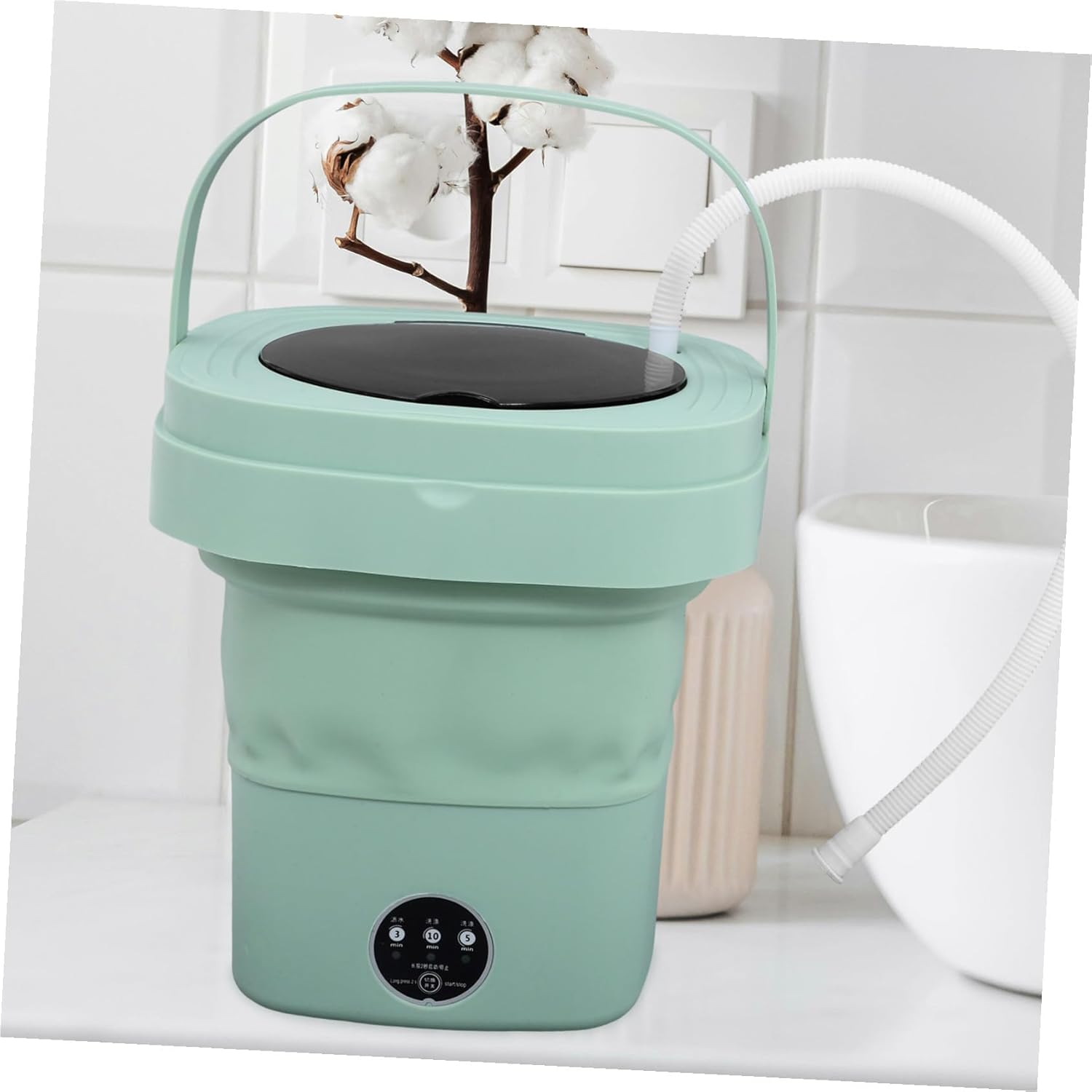 Portable Mini Collapsible Washing Machine Medium with Drain Basket and Hose Lightweight Foldable Laundry Washer for Home Dorm Rv Camping Travel US Plug Green