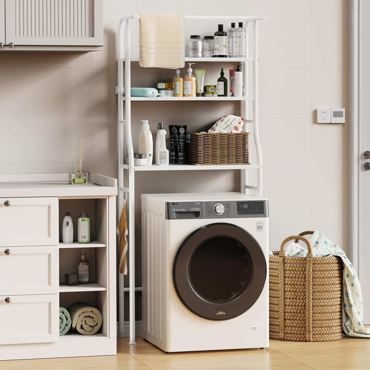 Over The Washer and Dryer Storage Shelf, 3 Tier Laundry Room Metal Drying Rack with Towels Hangers, Space Saver Organizer for Hanging Clothes and Towels (Metal White FA1)