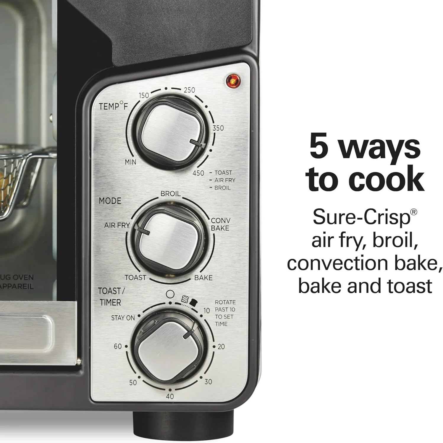 Hamilton-Beach Easy View XL Toaster Oven with Sure-Crisp® Air Fry, 1750W, 6-Slice Capacity, 12” Pizza Fit, 5 Cooking Modes, Extra-Large Window, Timer & Temp Control Dial, Air Fry Basket Included