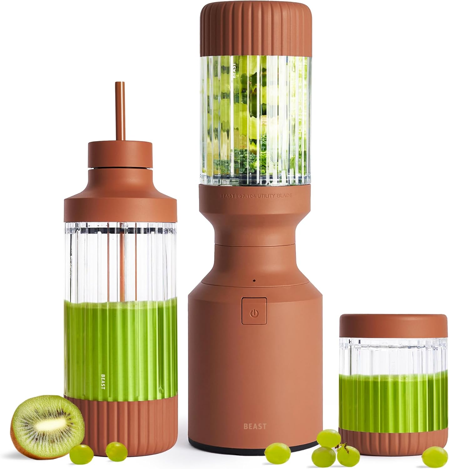 Beast Mighty 850 Plus | Premium Compact Personal Blender | Smoothies, Shakes, Dressings, Sauces | Blends Ice and Frozen Fruit | New XL Vessel | Extra Vessels, Lids and Straws | 850W (Terra)