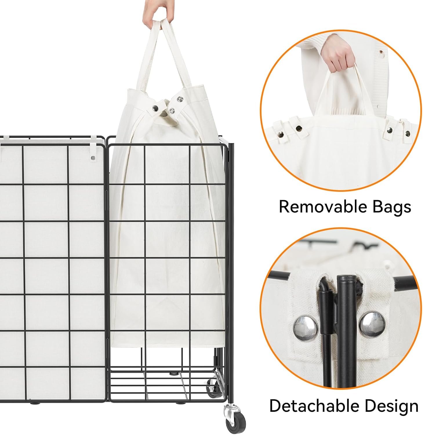 WOWLIVE Double Laundry Hamper with Wheels,Metal Wire Frame Rolling Laundry Basket with 2 Removable bags,120L Dirty Clothes Hamper Organizer Dorm Room Storage for Bedroom,Bathroom,Black and White